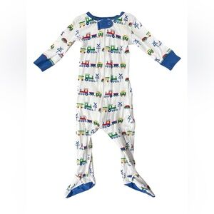The Beaufort Bonnet Company Train Print Footie - White and Blue